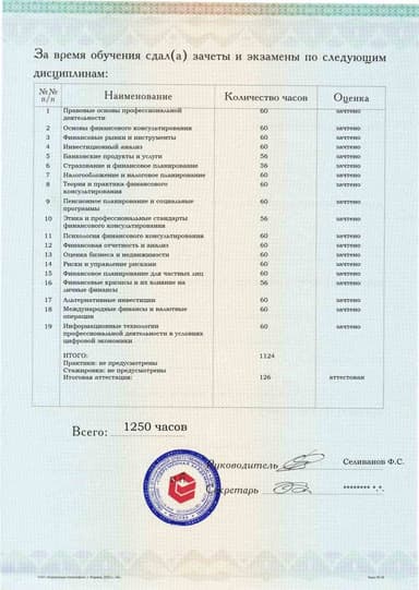 Образец приложения оборотная сторона (аттестационная работа) по программе Финансовое консультирование