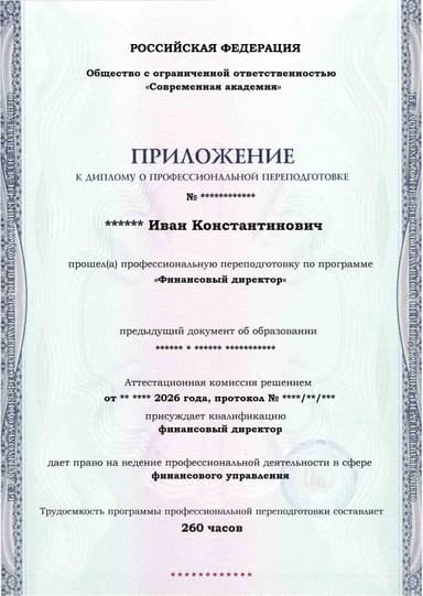 Образец приложения лицевая сторона (итоговое тестирование) по программе Финансовый директор