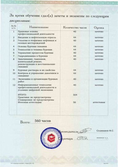 Образец приложения оборотная сторона (аттестационная работа) по программе Бурение нефтяных и газовых скважин